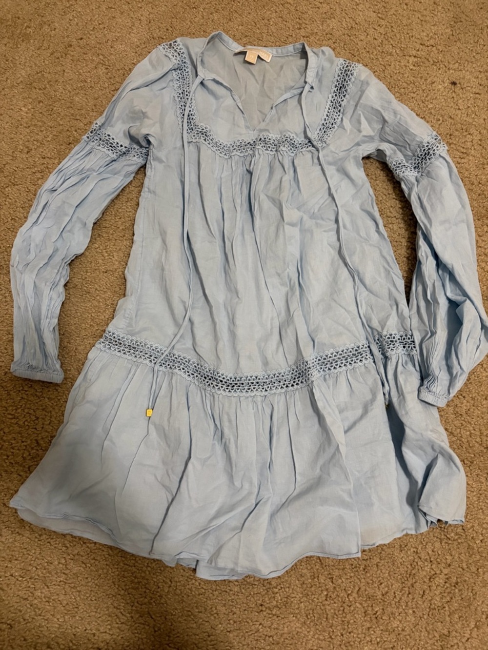 Michael Kors Light Blue Crochet Trim Long Sleeve Tunic